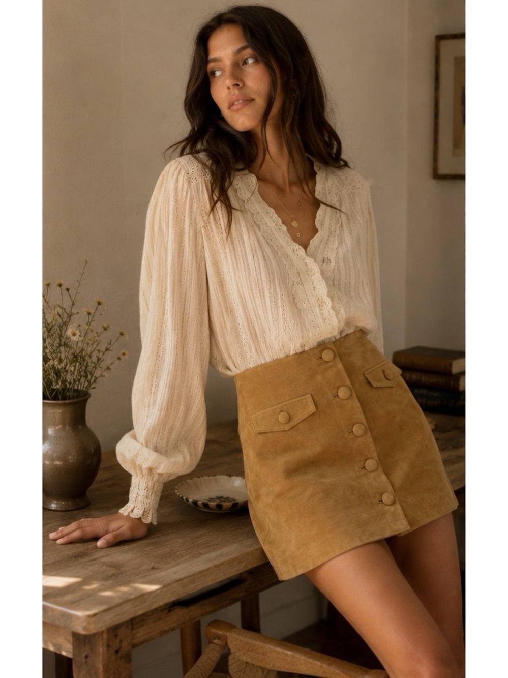 NWT DÔEN Courtney Suede Mini Skirt in Light Camel Size 6